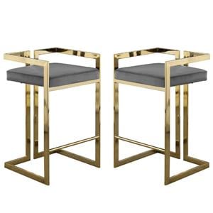 Home Square 2 Piece Velvet Counter Stool Set with Gold Metal Base in Gray