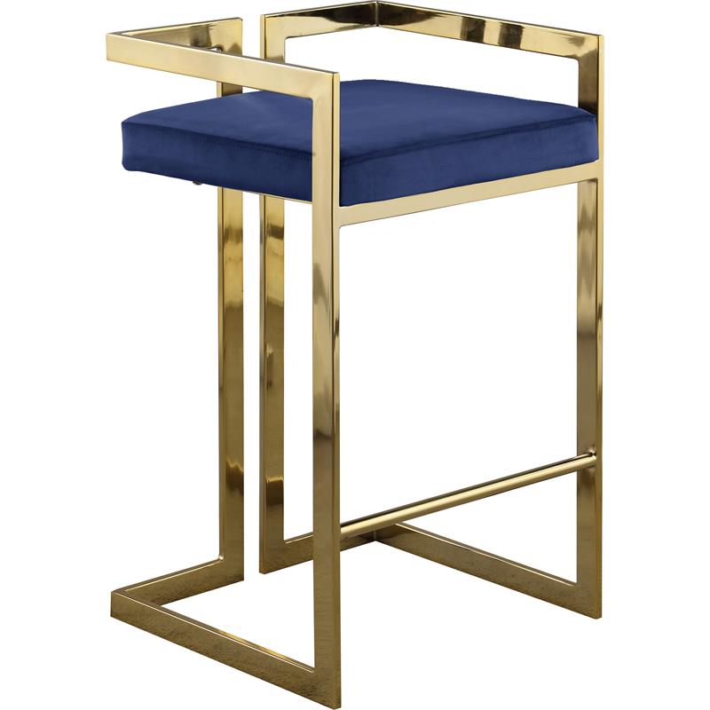 Home Square 2 Piece Velvet Counter Stool Set with Gold Metal Base in Navy