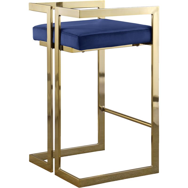 Home Square 2 Piece Velvet Counter Stool Set with Gold Metal Base in Navy