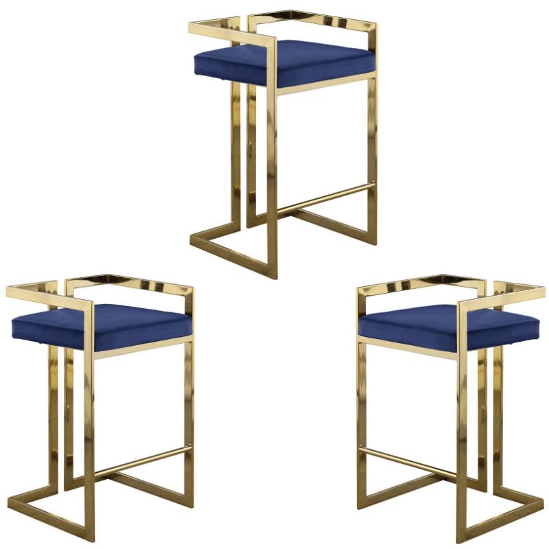 Home Square 2 Piece Velvet Counter Stool Set with Gold Metal Base in Navy