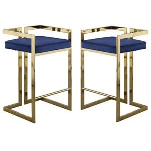 Home Square 2 Piece 27&quot Velvet Counter Stool Set with Gold Metal Base in Navy