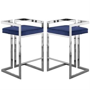 Home Square 2 Piece Velvet Counter Stool Set with Gray Metal Base in Navy