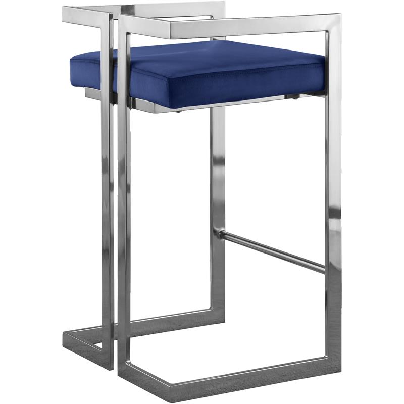 Home Square 3 Piece Velvet Counter Stool Set with Gray Metal Base in Navy