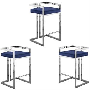 Home Square 3 Piece Velvet Counter Stool Set with Gray Metal Base in Navy