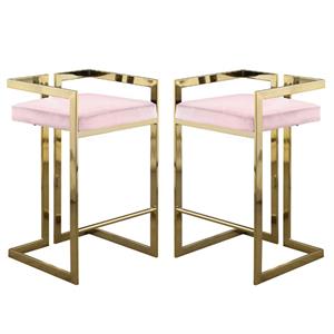 Home Square 2 Piece 27&quotH Velvet Counter Stool Set with Gold Metal Base in Pink