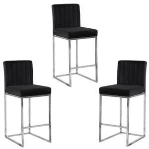 Home Square 3 Piece 26&quot Velvet Counter Stool Set with Gray Metal Base in Black