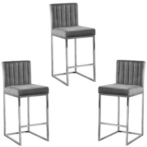 Home Square 3 Piece 26&quot Velvet Counter Stool Set with Silver Metal Base in Gray