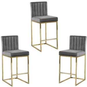 Home Square 3 Piece 26&quot Velvet Counter Stool Set with Gold Metal Base in Gray