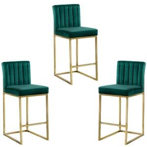 Home Square 3 Piece 26&quot Velvet Counter Stool Set with Gold Metal Base in Green