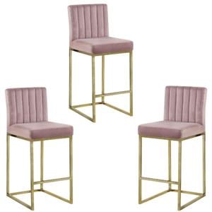 Home Square 3 Piece 26&quot Velvet Counter Stool Set with Gold Metal Base in Pink