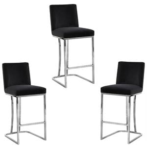 Home Square 3 Piece Silver Metal Base Velvet Counter Height Stool Set in Black