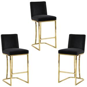 home square 3 piece gold metal base velvet counter height stool set in black