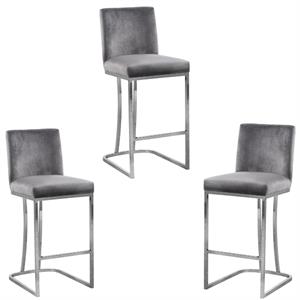 home square 3 piece silver metal base velvet counter height stool set in gray