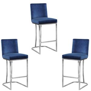 home square 3 piece silver metal base velvet counter height stool set in navy