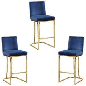Home Square 3 Piece Gold Metal Base Velvet Counter Height Stool Set in Navy