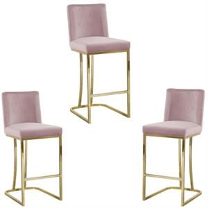 Home Square 3 Piece Gold Metal Base Velvet Counter Height Stool Set in Pink