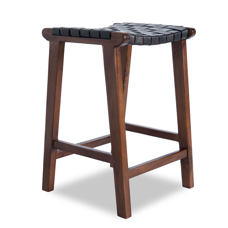 Home Square 2 Piece Saddle Woven Leather Counter Stool Set in Black