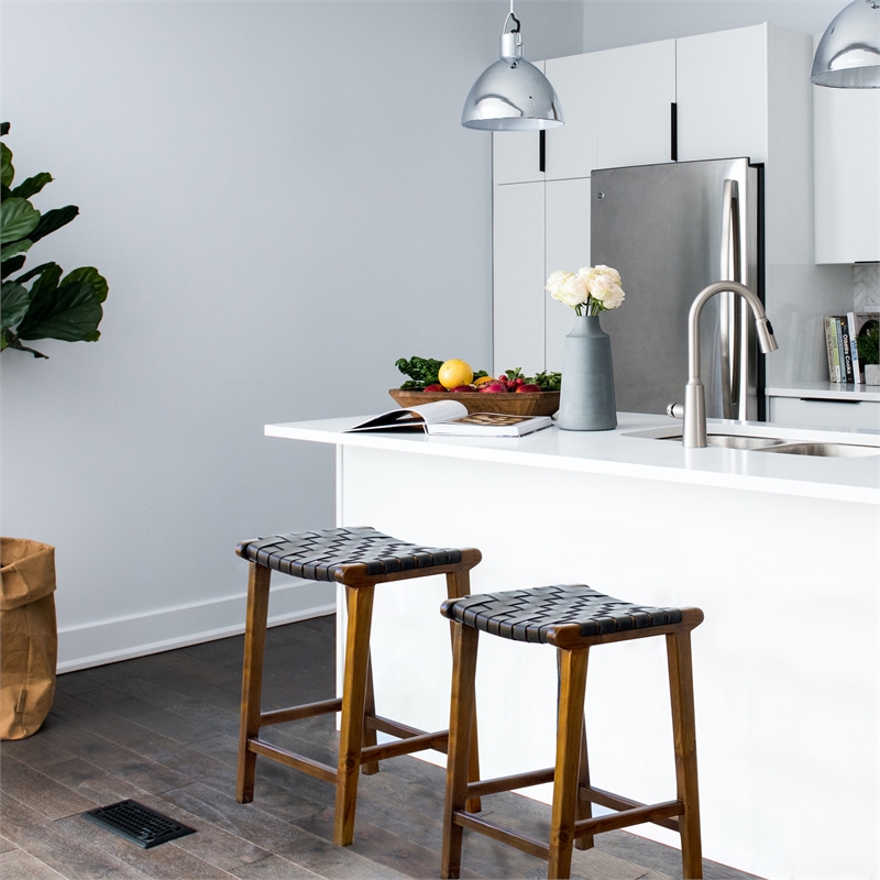 Home Square 2 Piece Saddle Woven Leather Counter Stool Set in Black