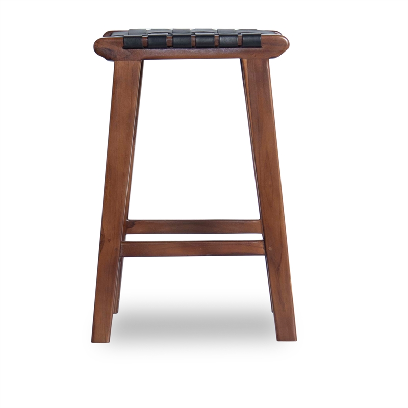 Home Square 2 Piece Saddle Woven Leather Counter Stool Set in Black