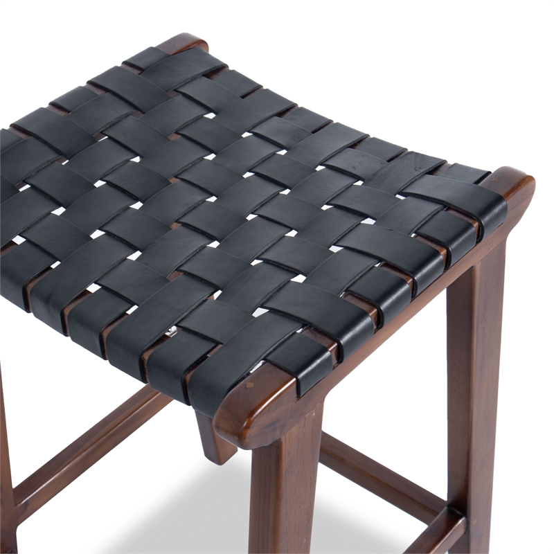 Home Square 3 Piece Saddle Woven Leather Counter Stool Set in Black