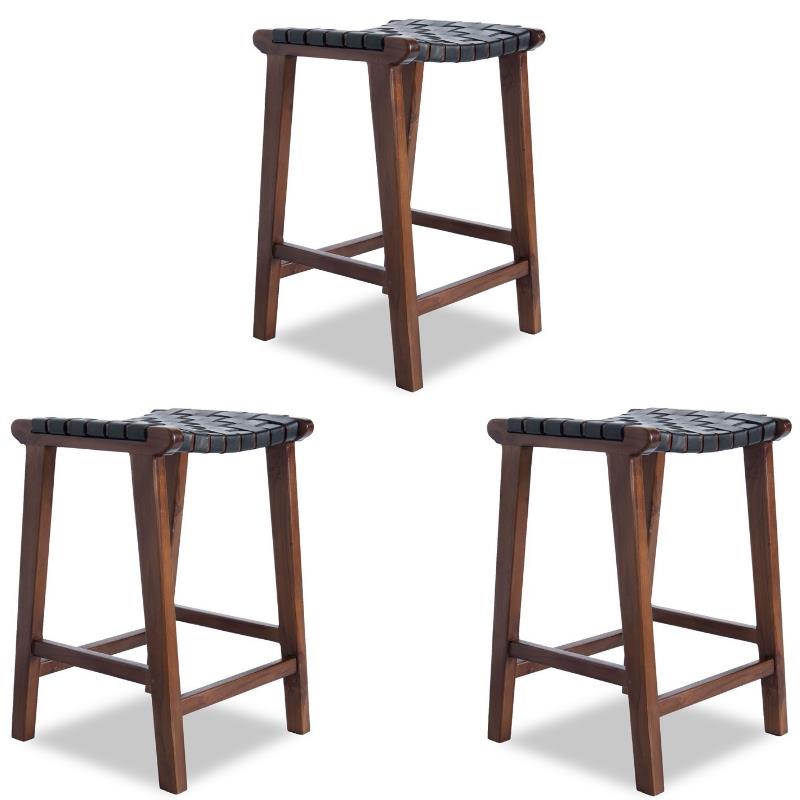 Home Square 3 Piece Saddle Woven Leather Counter Stool Set in Black