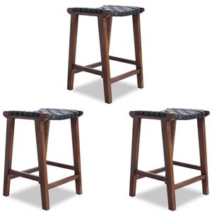 Home Square 3 Piece Saddle Woven Leather Counter Stool Set in Black
