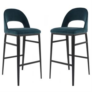 Home Square 2 Piece Velvet Upholstered Bar Stool Set in Teal Blue