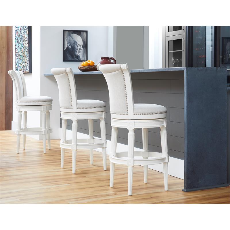Home Square 2 Piece Upholstered Wood Bar Height Swivel Barstool Set in White