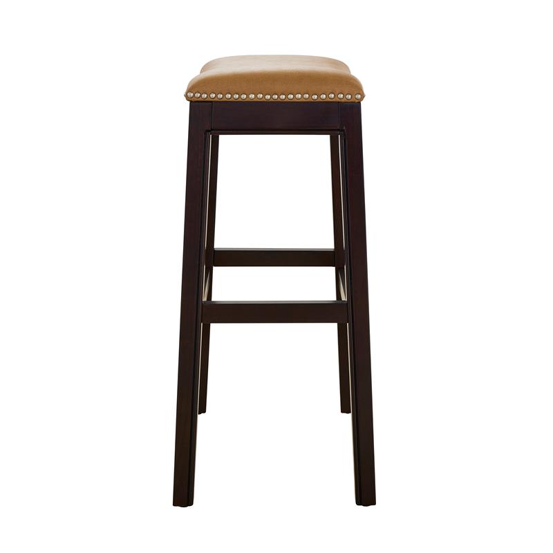 Home Square 2 Piece Saddle Faux Leather and Wood Barstool Set in Tan/Espresso