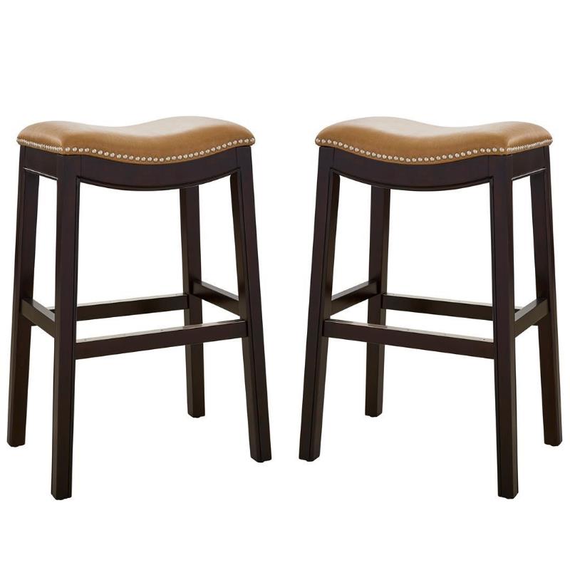 Home Square 2 Piece Saddle Faux Leather and Wood Barstool Set in Tan/Espresso