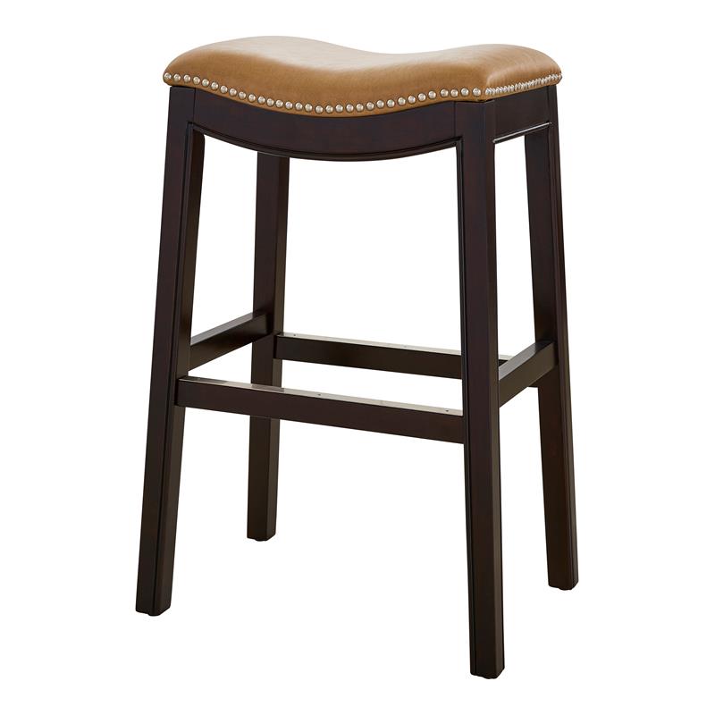 Home Square 3 Piece Saddle Faux Leather and Wood Barstool Set in Tan/Espresso