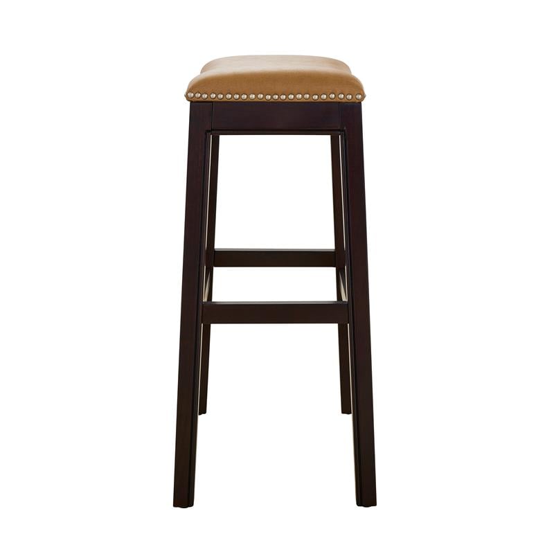 Home Square 3 Piece Saddle Faux Leather and Wood Barstool Set in Tan/Espresso