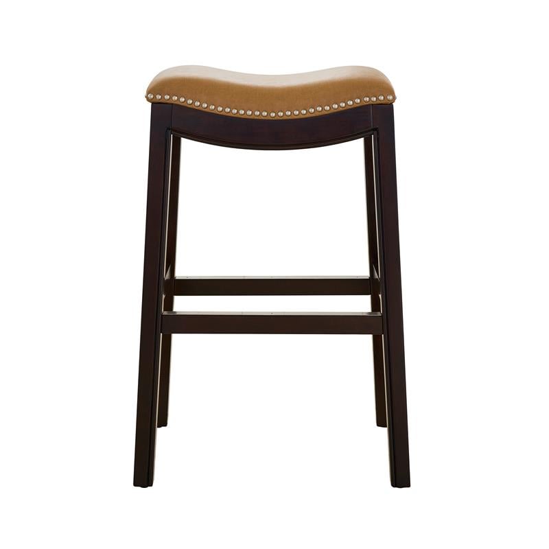 Home Square 3 Piece Saddle Faux Leather and Wood Barstool Set in Tan/Espresso