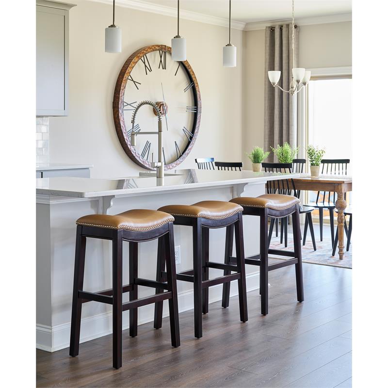 Home Square 3 Piece Saddle Faux Leather and Wood Barstool Set in Tan/Espresso