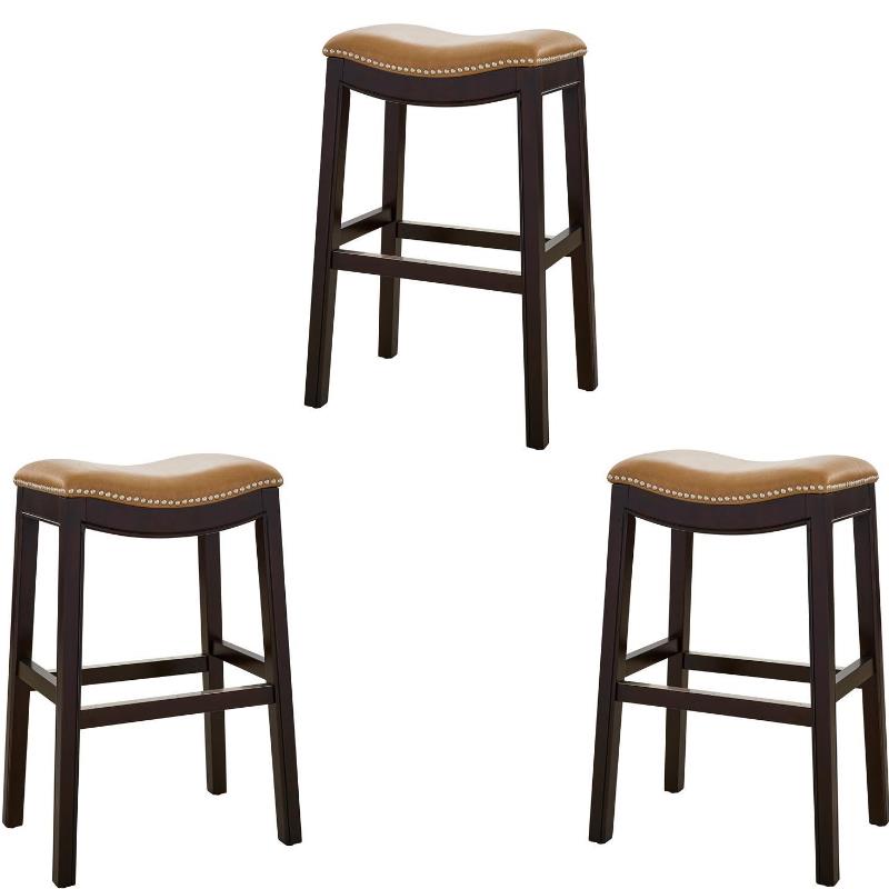 Home Square 3 Piece Saddle Faux Leather and Wood Barstool Set in Tan/Espresso