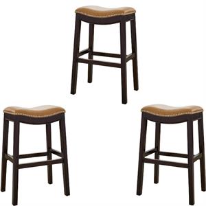 Home Square 3 Piece Saddle Faux Leather and Wood Barstool Set in Tan/Espresso