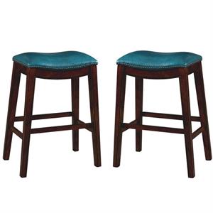 home square saddle faux leather barstool set with wood base in blue