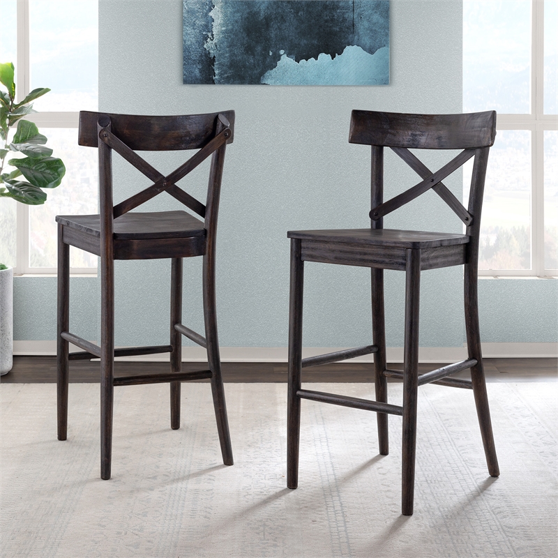 Home Square 2 Piece X-back Solid Wood Bar Stool Set in Dark Brown