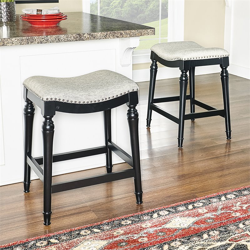 Home Square 2 Piece Saddle Polyester Upholstery Wood Counter Stool Set in Black
