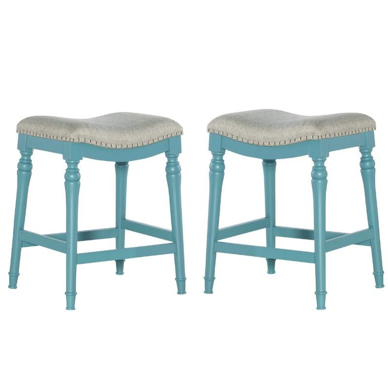 Home Square 2 Piece Saddle Polyester Upholstery Wood Counter Stool Set in Blue