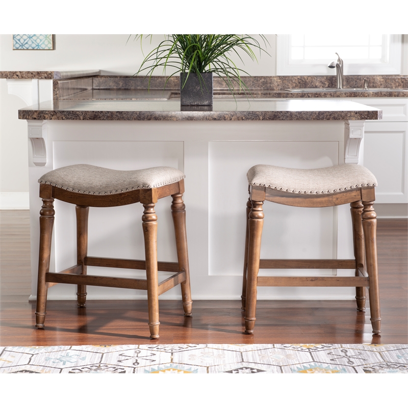 Home Square 3 Piece Saddle Polyester Upholstery Wood Counter Stool Set in Brown
