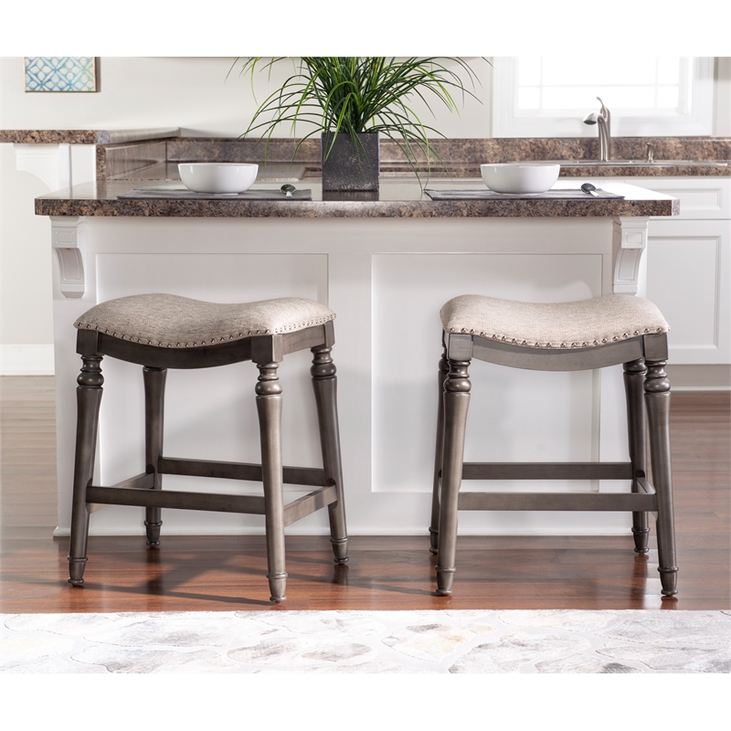 Home Square 2 Piece Saddle Polyester Upholstery Wood Counter Stool Set in Gray