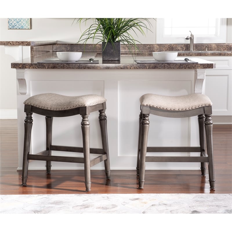 Home Square 3 Piece Saddle Polyester Upholstery Wood Counter Stool Set in Gray