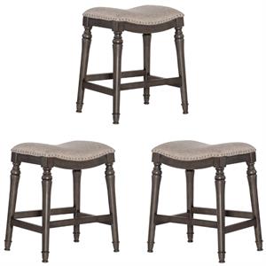 Home Square 3 Piece Saddle Polyester Upholstery Wood Counter Stool Set in Gray