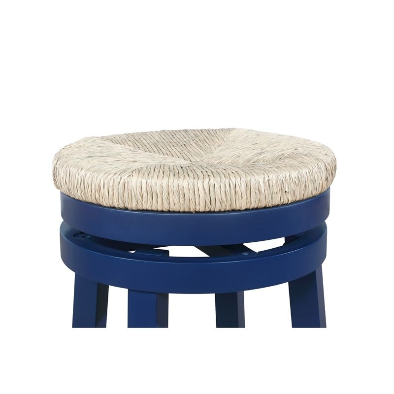 Home Square 2 Piece Solid Wood Swivel Rush Counter Stool Set in Navy Blue