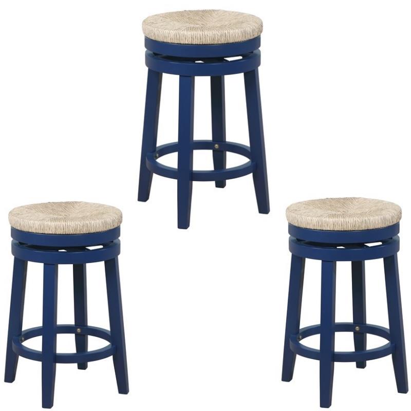 Home Square 3 Piece Solid Wood Swivel Rush Counter Stool Set in Navy Blue