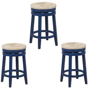Home Square 3 Piece Solid Wood Swivel Rush Counter Stool Set in Navy Blue