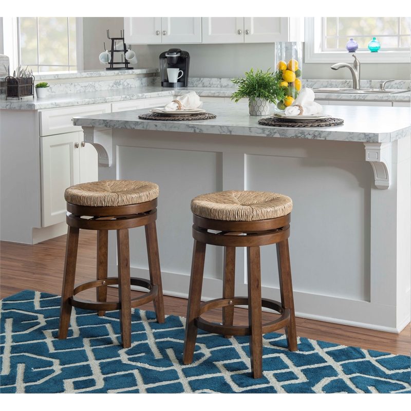 Home Square 3 Piece Solid Wood Swivel Rush Counter Stool Set in Walnut Brown
