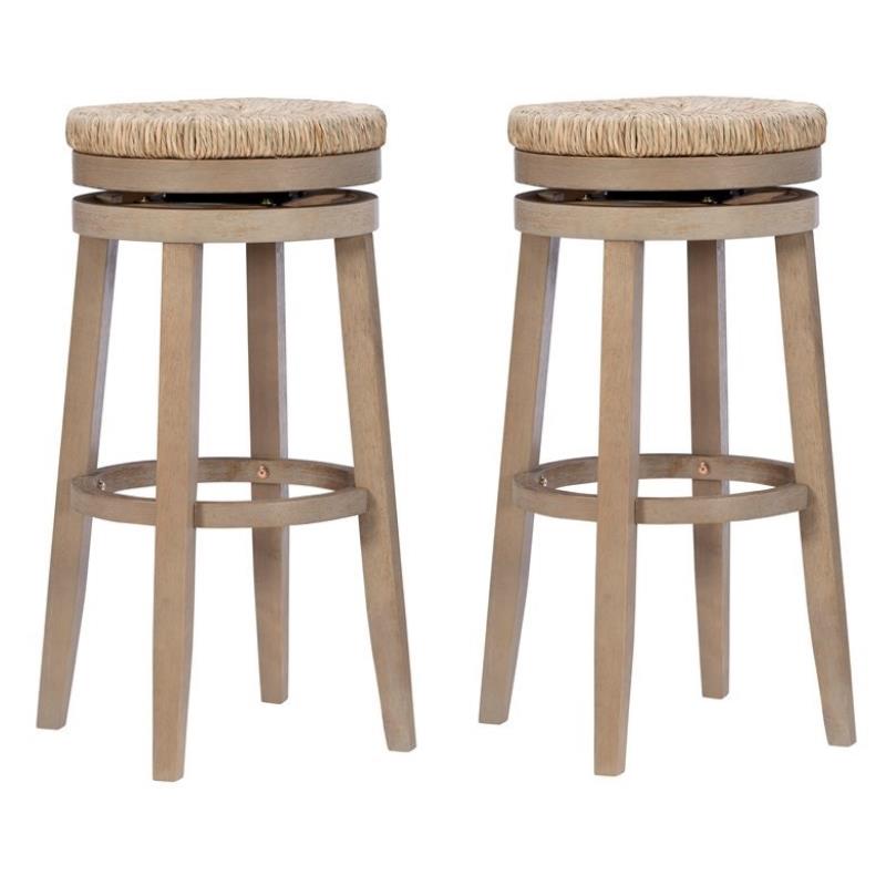Home Square 2 Piece Solid Wood Swivel Rush Bar Stool Set in Natural Brown