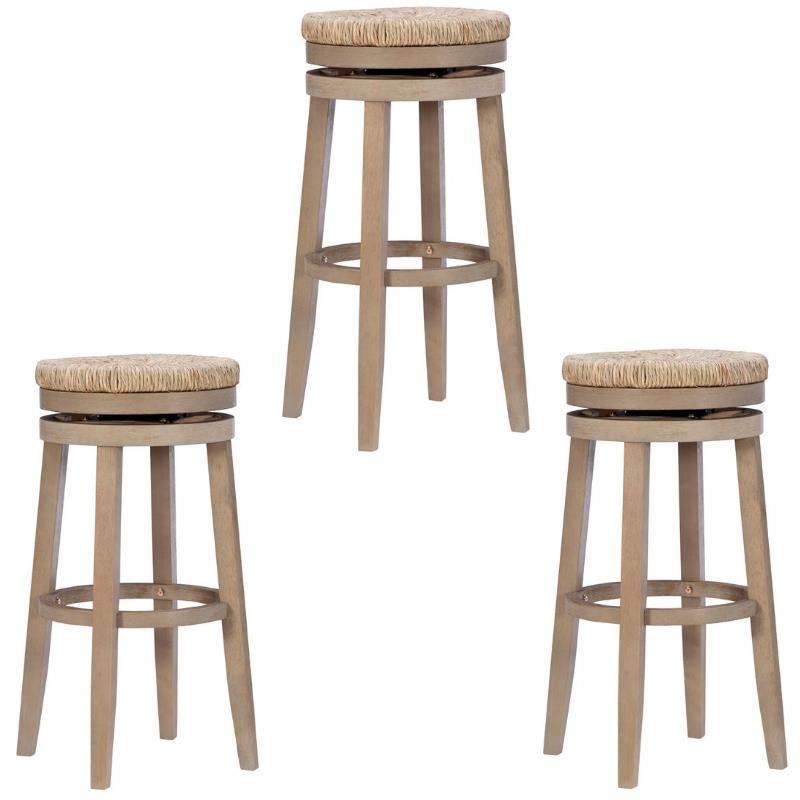 Home Square 3 Piece Solid Wood Swivel Rush Bar Stool Set in Natural Brown